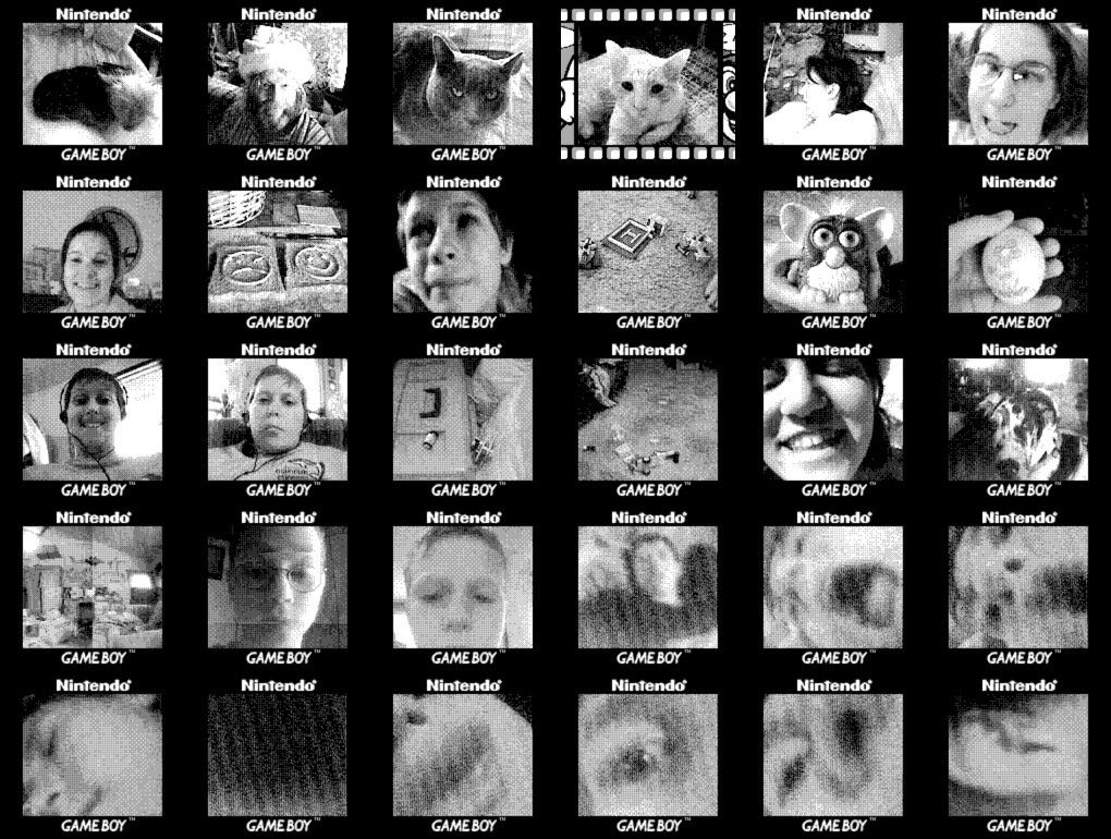 A collage of small, grainy, grayscale images from the Game Boy Camera depicting people, pets, and toys from that time in my life.